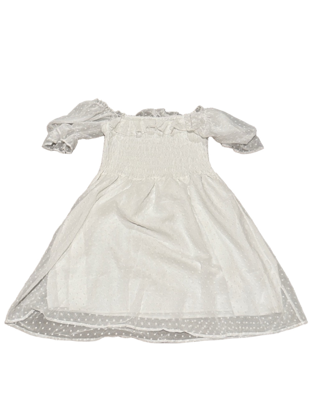 White Swiss Dot Off Shoulder Smocked Dress Puff Sleeve SIZE L